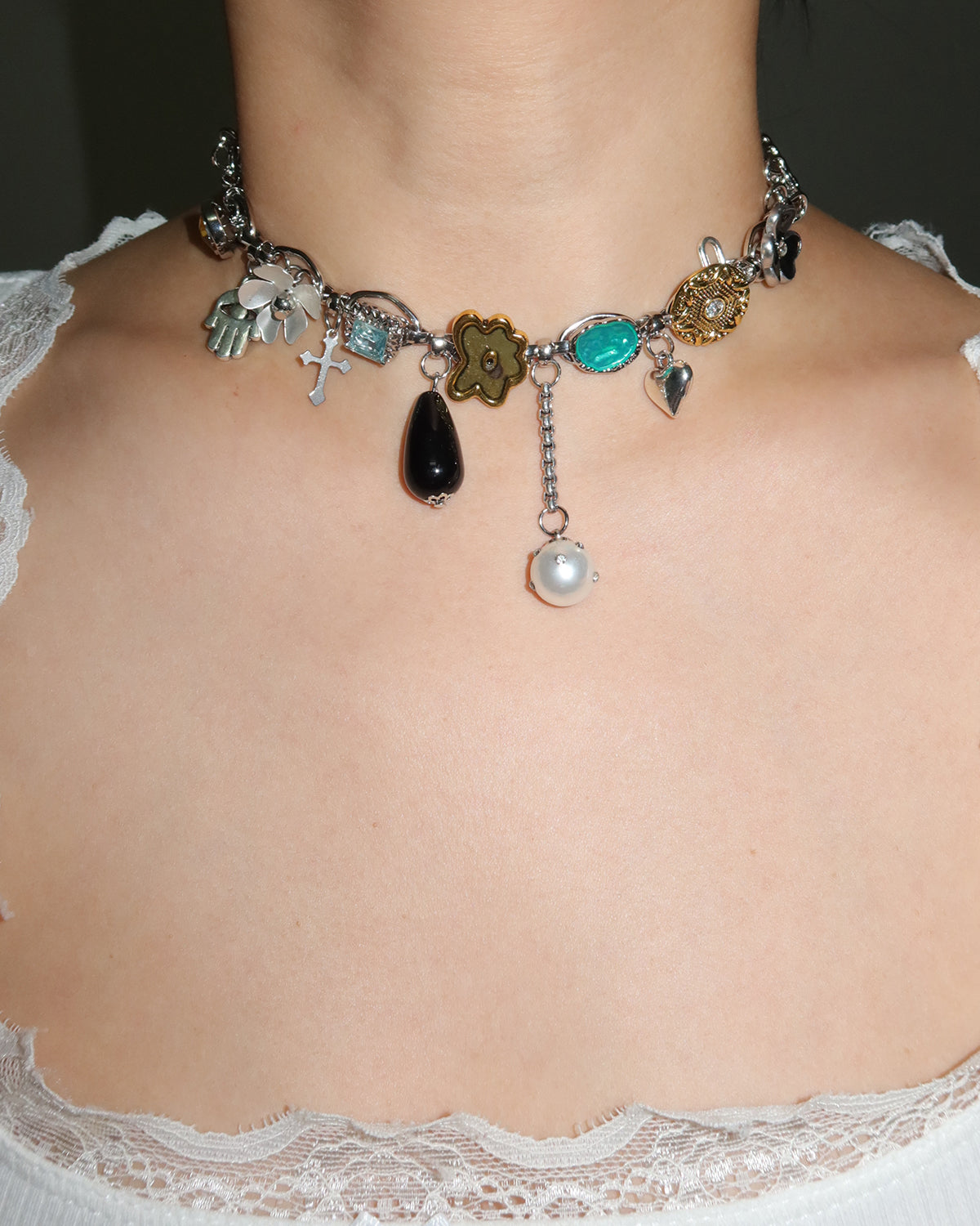 Riva Heart Pearl Silver Chocker Necklace
