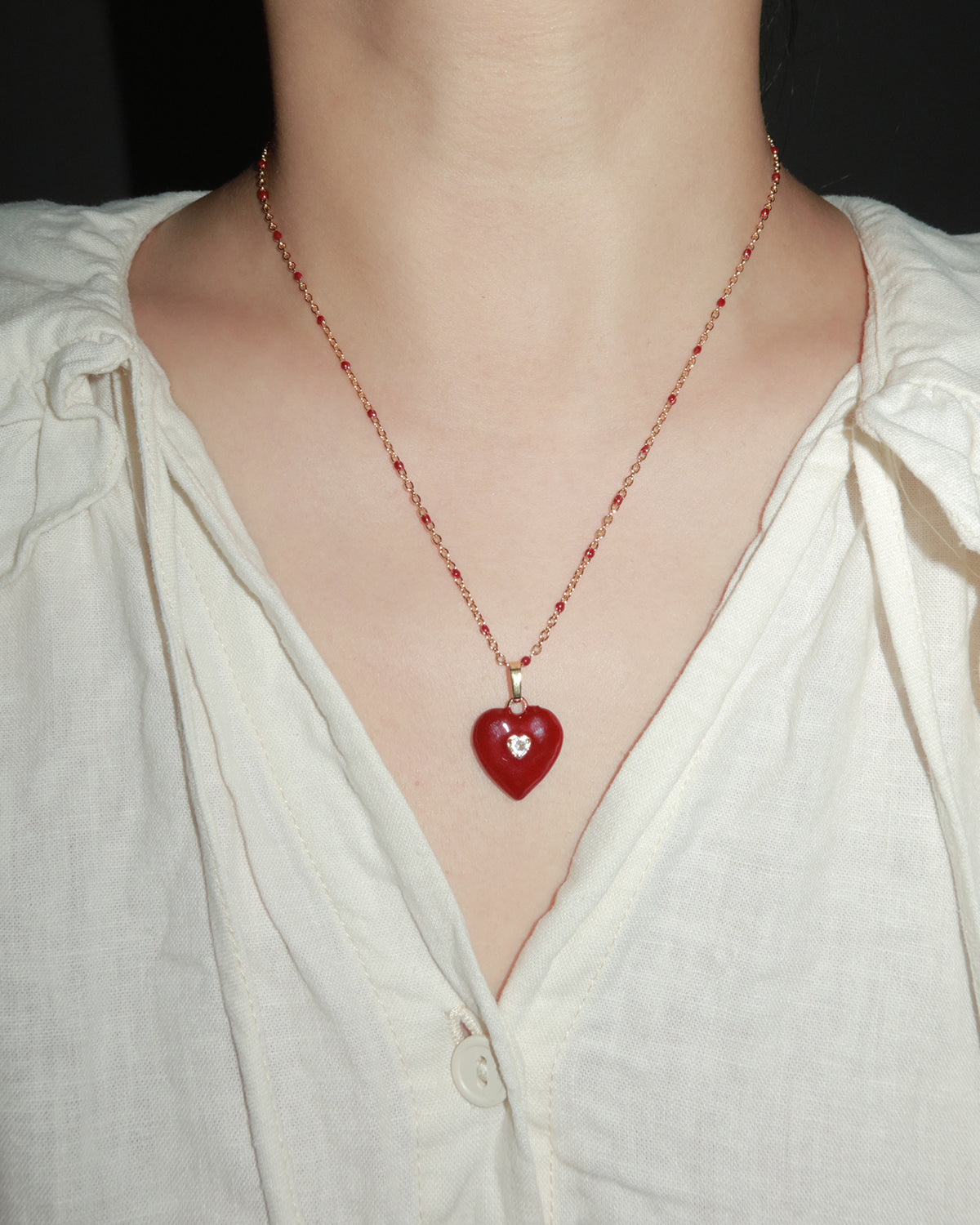 Ruby Enamel Heart Golden Pendant Necklace