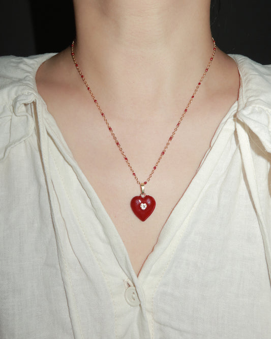 Ruby Enamel Heart Golden Pendant Necklace