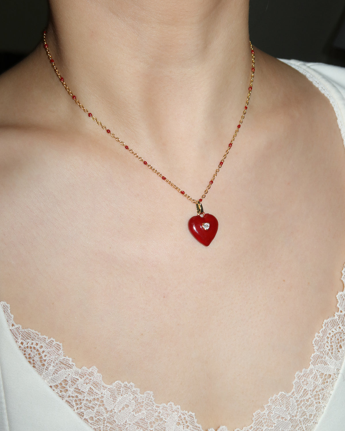 Ruby Enamel Heart Golden Pendant Necklace