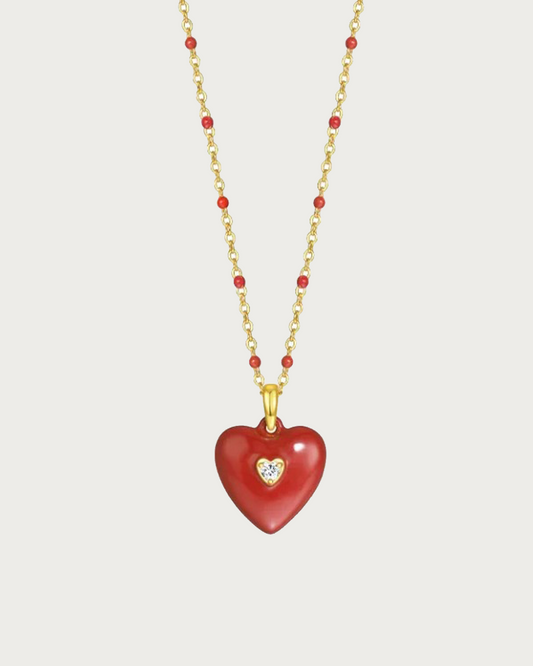 Ruby Enamel Heart Golden Pendant Necklace