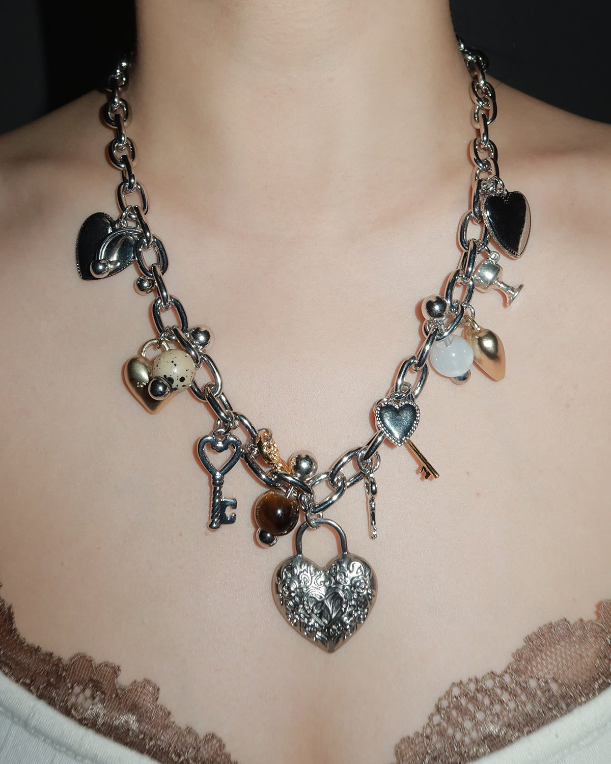 Vicky Love You Tiger Eye Hearts Charm Necklace