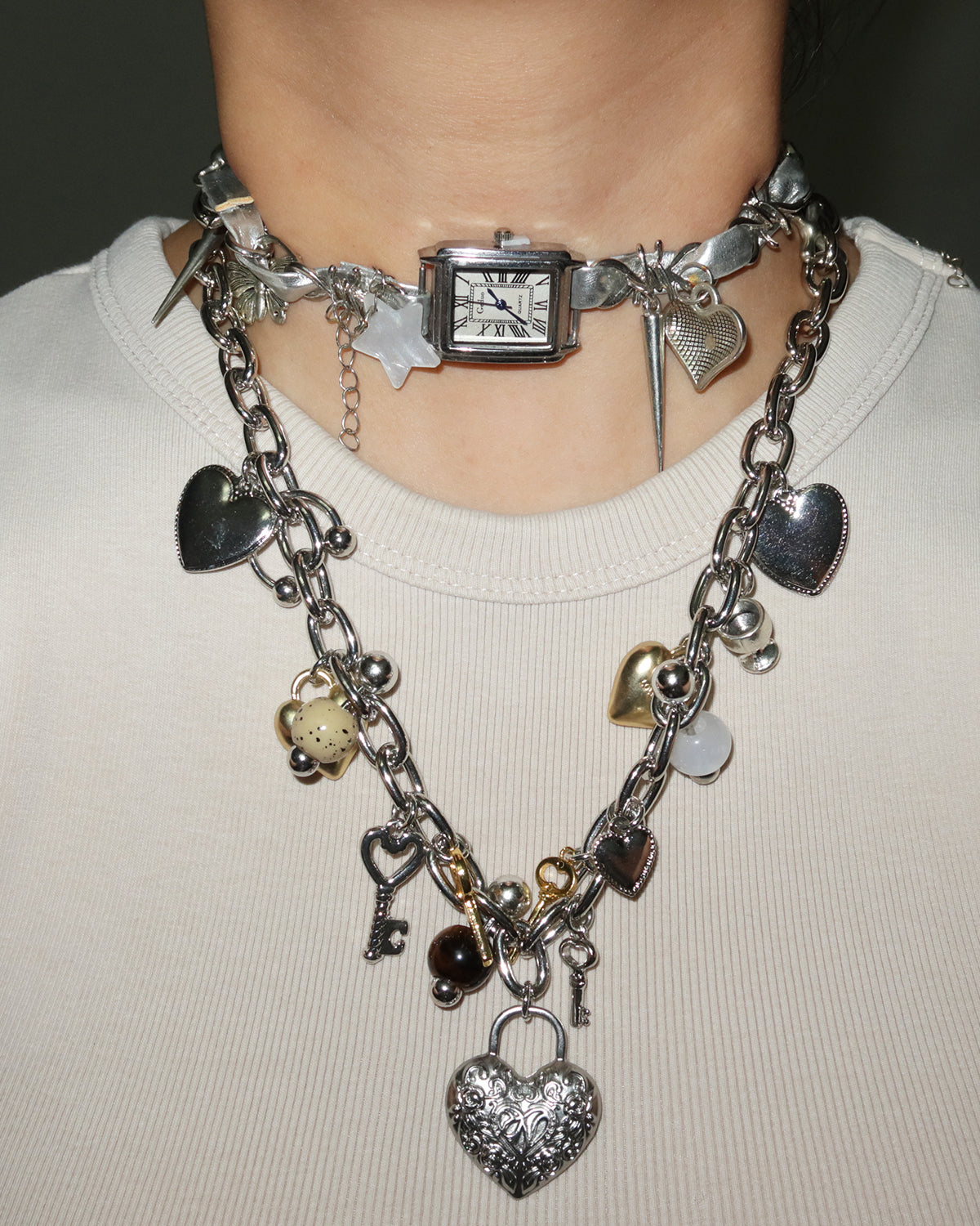 Alberta Clock Heart Silver Choker Necklace