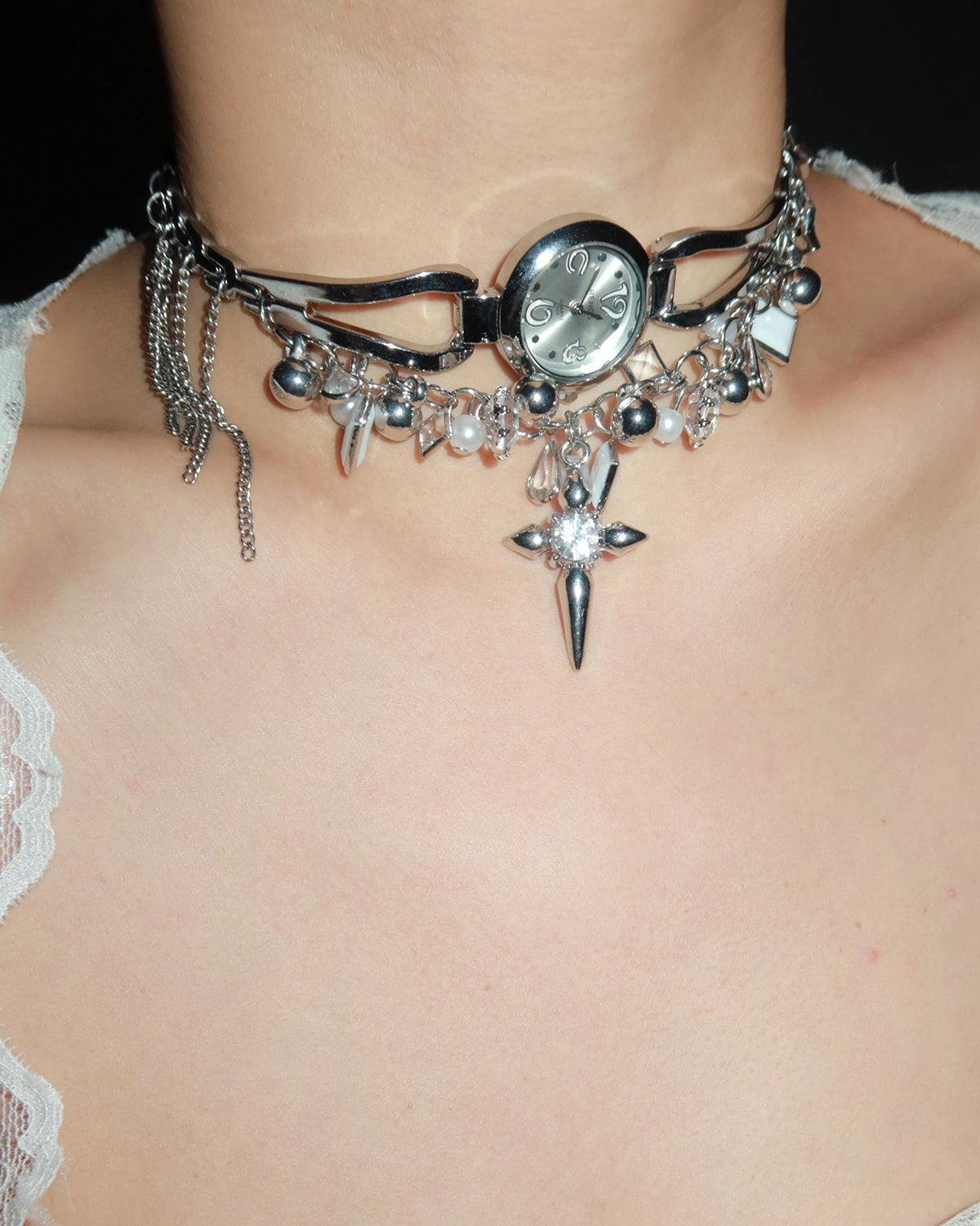 Martina Cross Tassel Clock Silver Necklace