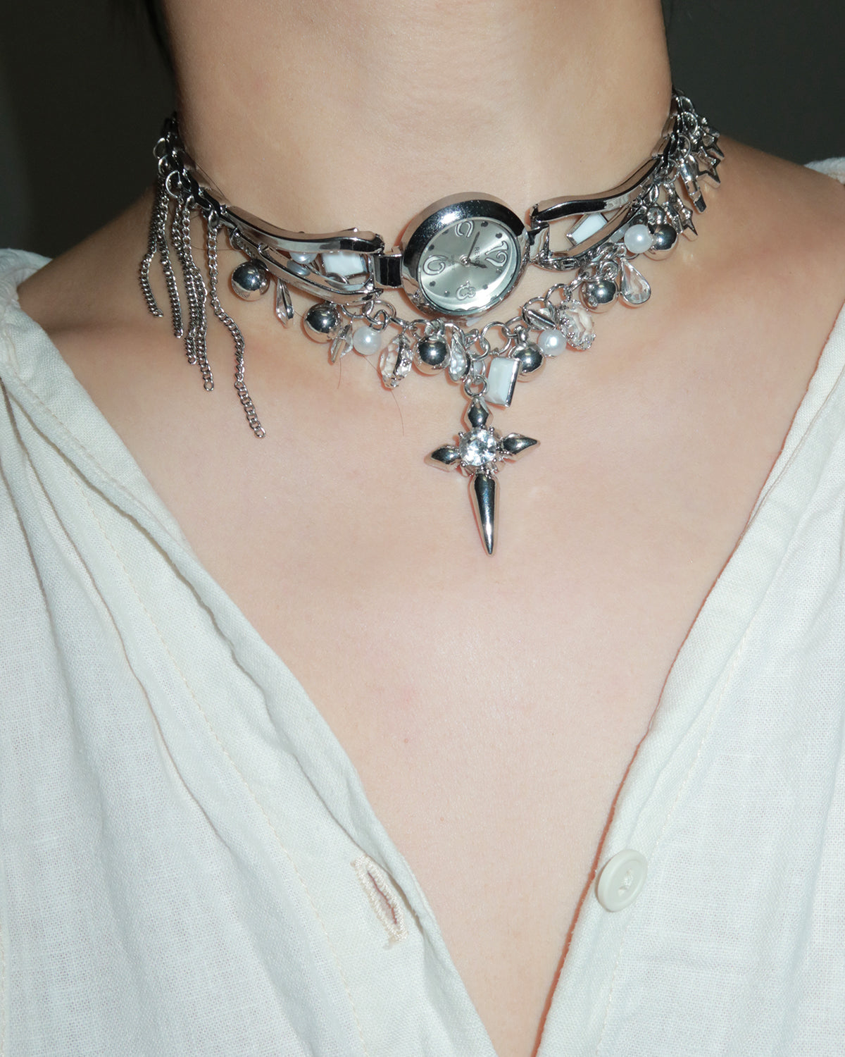 Martina Cross Tassel Clock Silver Necklace
