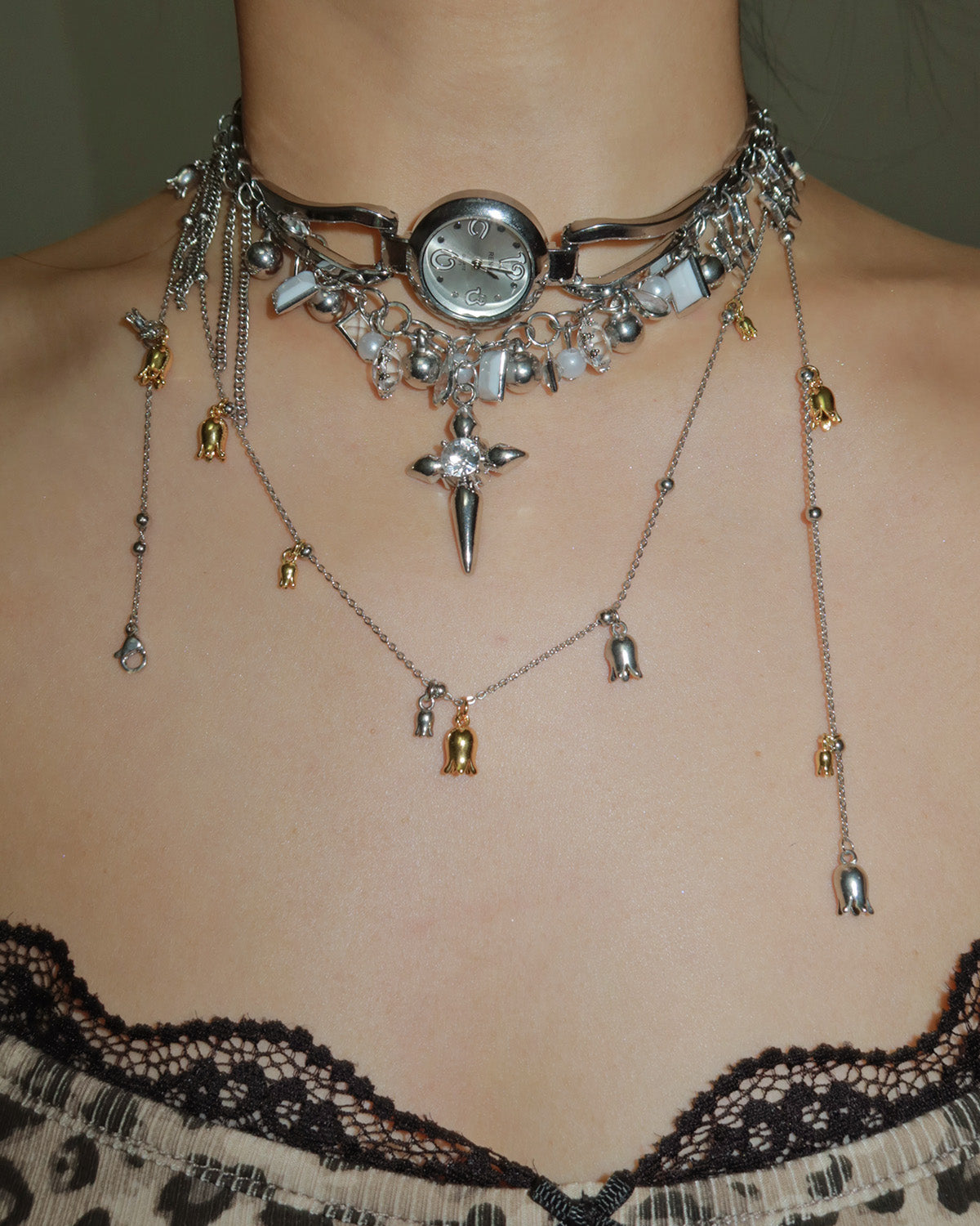 Martina Cross Tassel Clock Silver Necklace