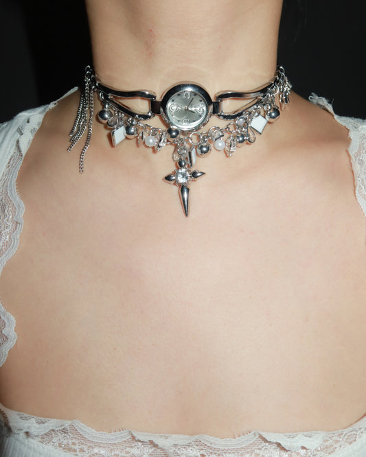 Martina Cross Tassel Clock Silver Necklace