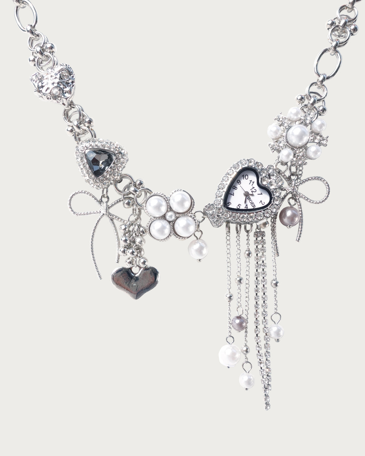 Jodie Sweet Bow Heart Pearl Clock Necklace
