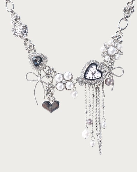 Jodie Sweet Bow Heart Pearl Clock Necklace