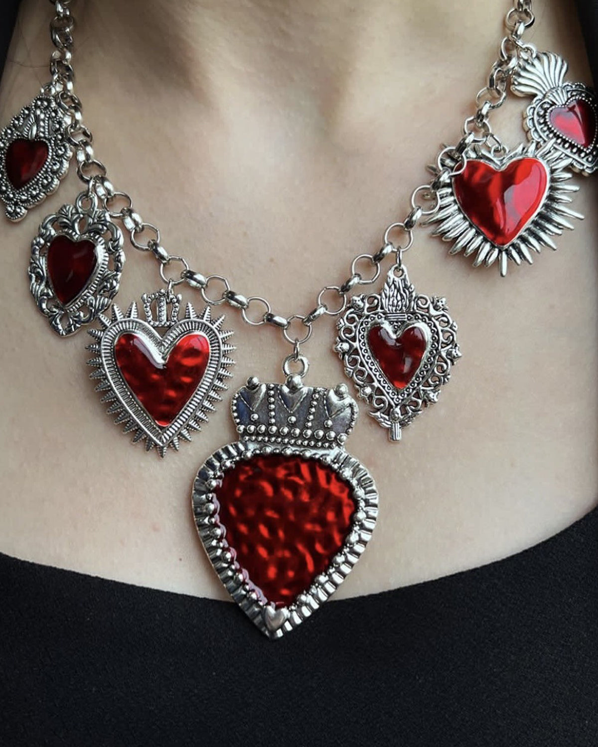 Frederica Vintage Red  Heart Silver Necklace