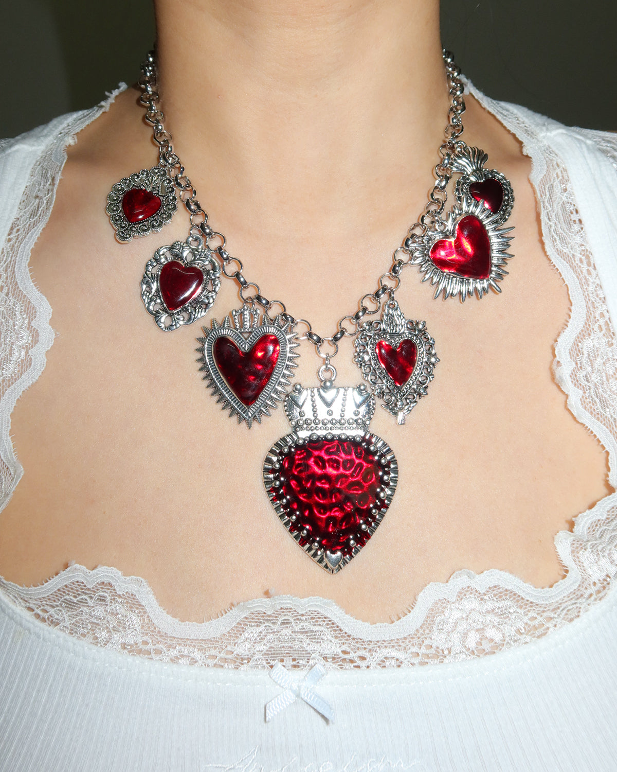 Frederica Vintage Red  Heart Silver Necklace