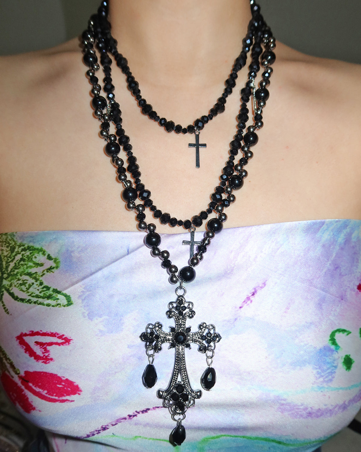 Jacqueline Black Cross Layered Necklace