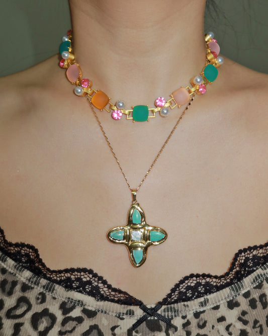 Kitty Colorful Cubic Resin Pearl Golden Necklace