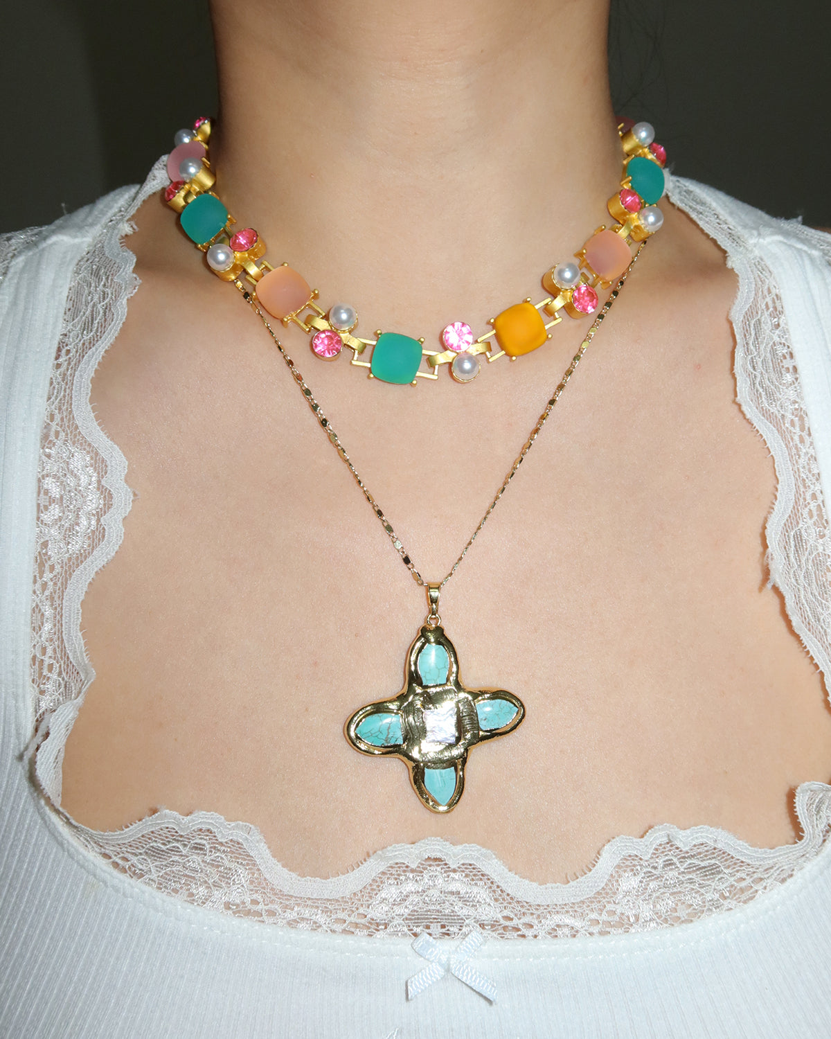 Kitty Colorful Cubic Resin Pearl Golden Necklace