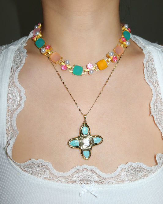 Kitty Colorful Cubic Resin Pearl Golden Necklace