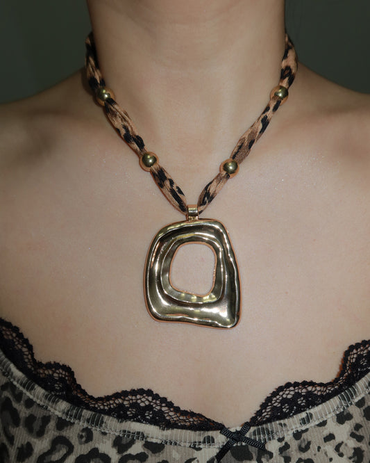 Ula Leopard Ribbon Irregular Square Pendant Necklace
