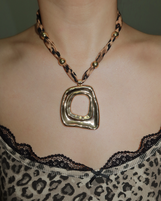 Ula Leopard Ribbon Irregular Square Pendant Necklace