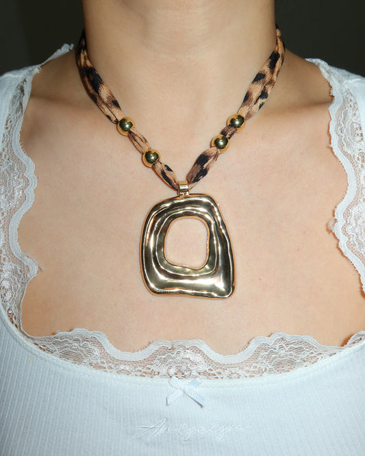 Ula Leopard Ribbon Irregular Square Pendant Necklace