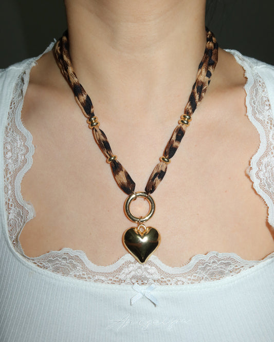 Molly Leopard Ribbon Beaded Heart Necklace