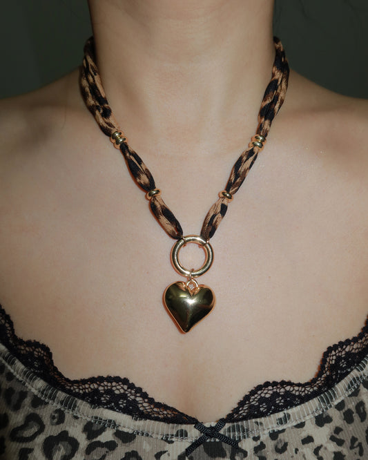 Molly Leopard Ribbon Beaded Heart Necklace