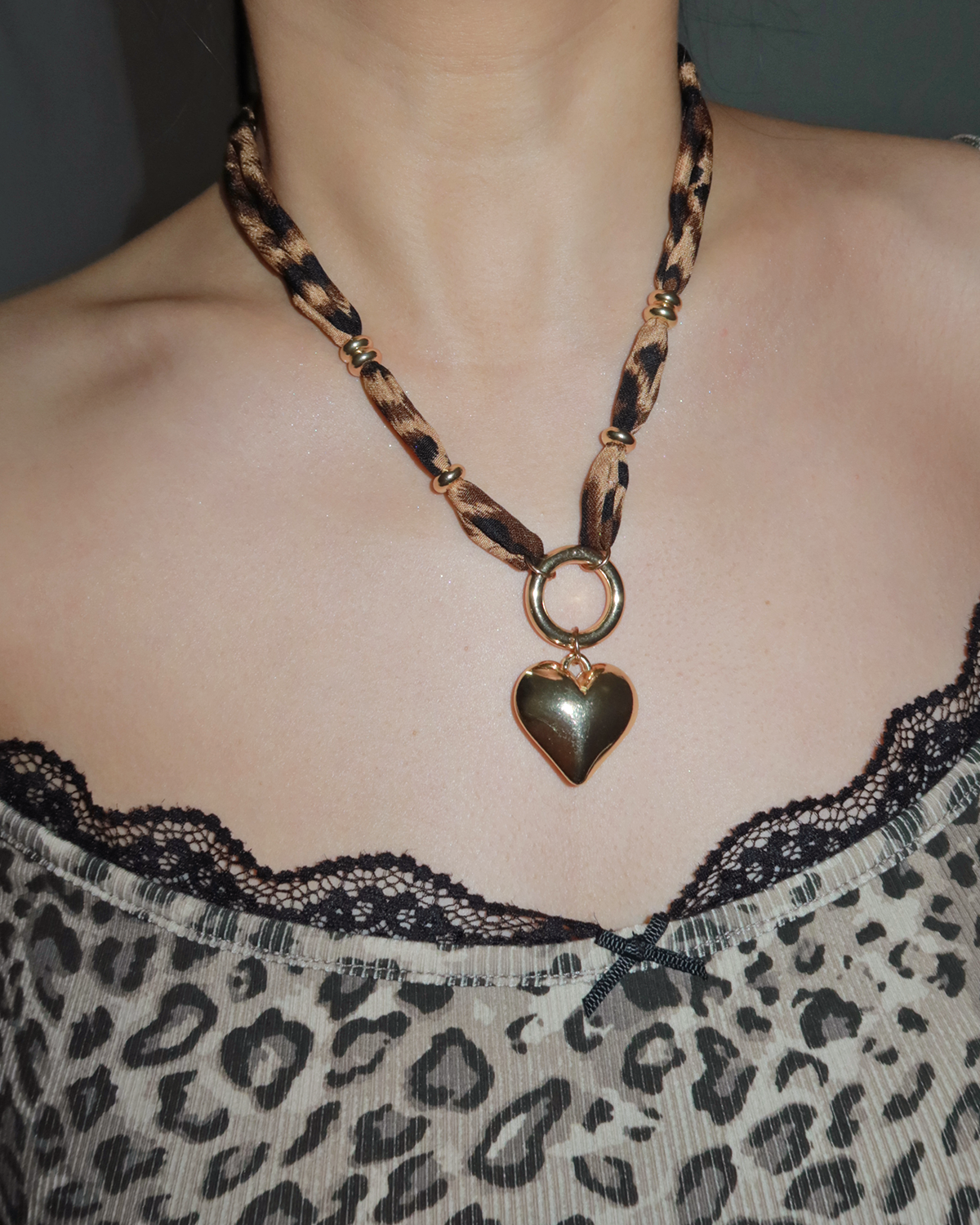 Molly Leopard Ribbon Beaded Heart Necklace