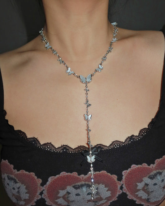 Lila Butterfly Silver Lariat Necklace