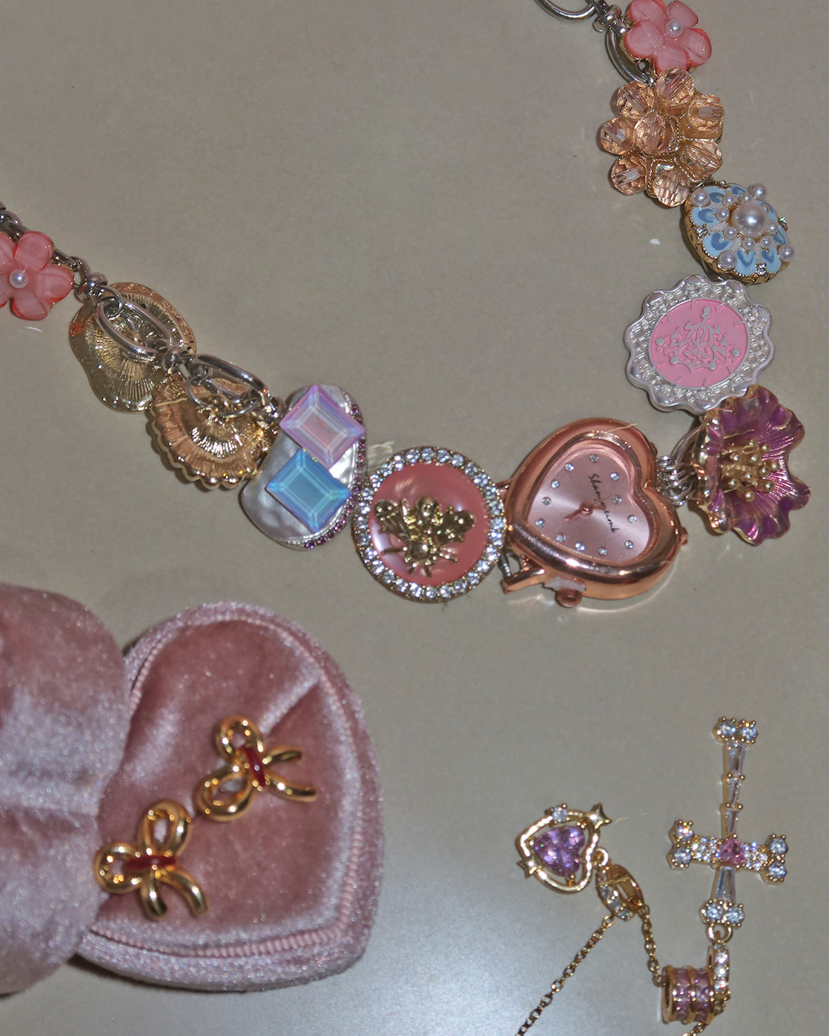 Laurel & Brook Layered Pink Strawberry Clock Silver Necklace Set