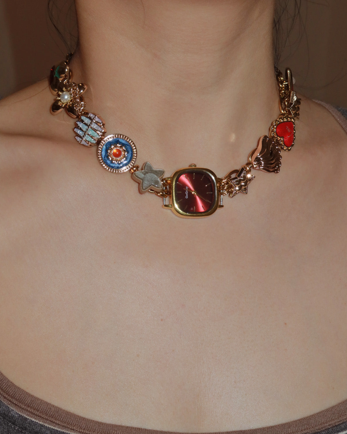 Suki Sparkle Time Charm Golden Watch Chocker Necklace