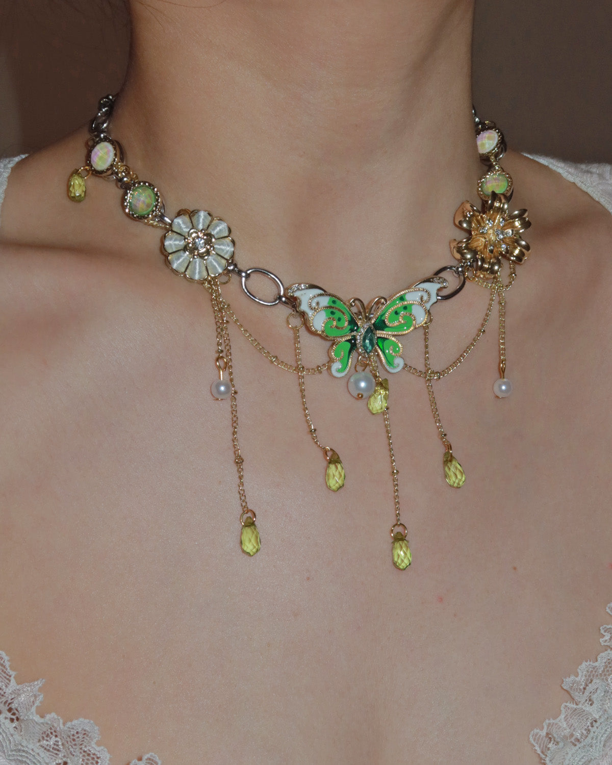 Mariposa Enchanted Green Butterfly Silver-Tone Pearl Drop Necklace