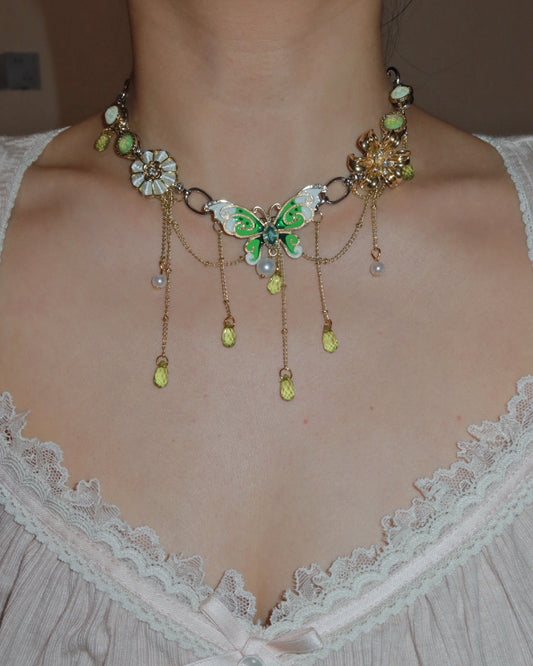 Mariposa Enchanted Green Butterfly Silver-Tone Pearl Drop Necklace