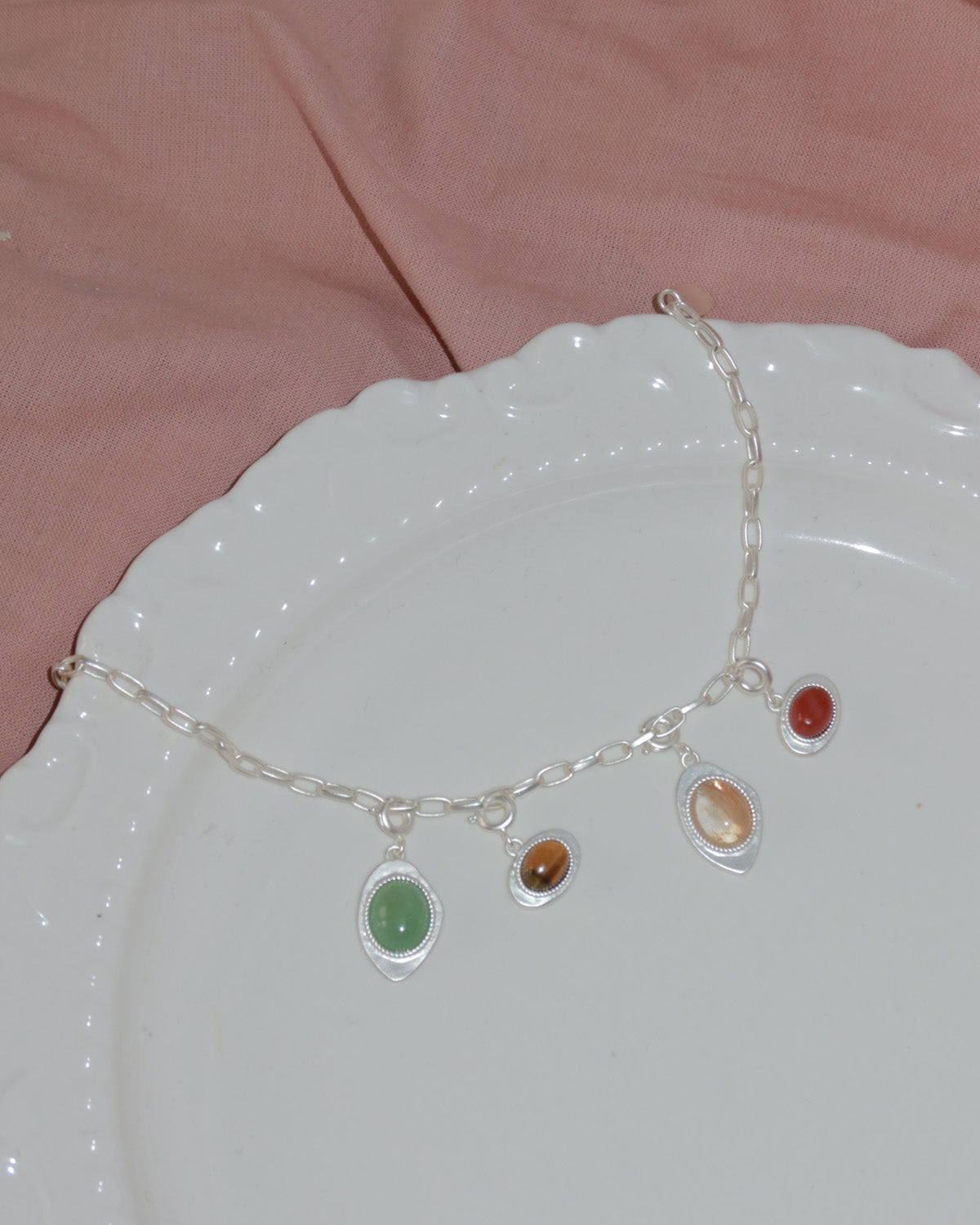 Zinnia Colorful Stone Charm Silver Chain Bracelet