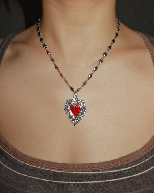 Cathy Vintage Red Heart Silver Pendant Necklace