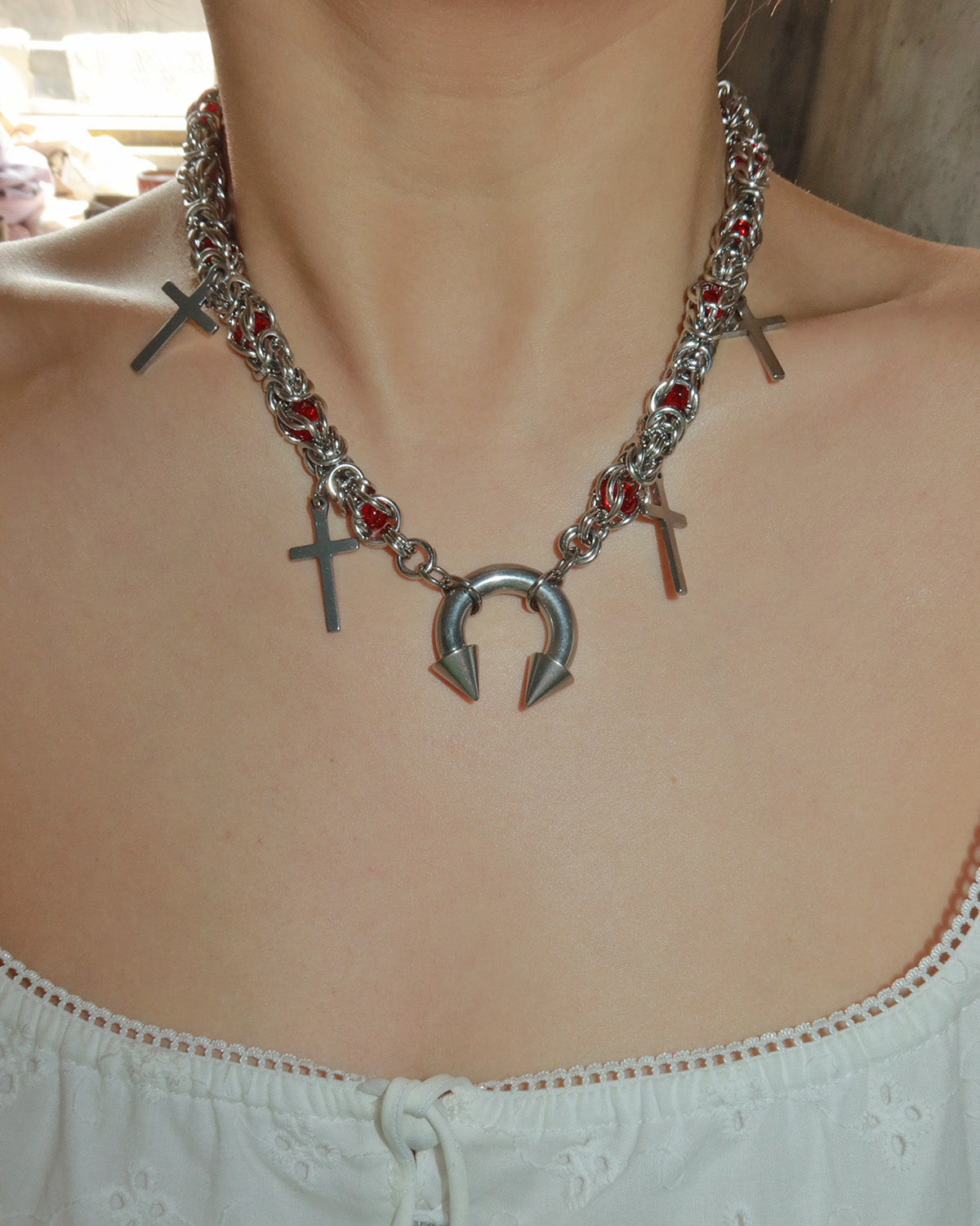 Nicola Vintage Red Bead Horseshoe Cross Silver Necklace