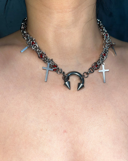 Nicola Vintage Red Bead Horseshoe Cross Silver Necklace