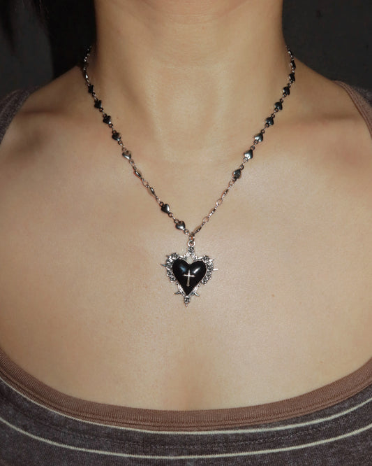 Cathy Vintage Cross Charm Black Heart Silver Pendant Necklace
