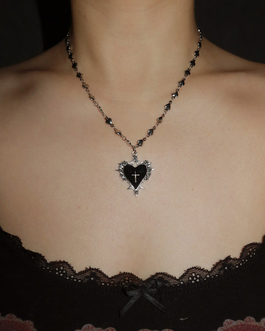 Cathy Vintage Cross Charm Black Heart Silver Pendant Necklace