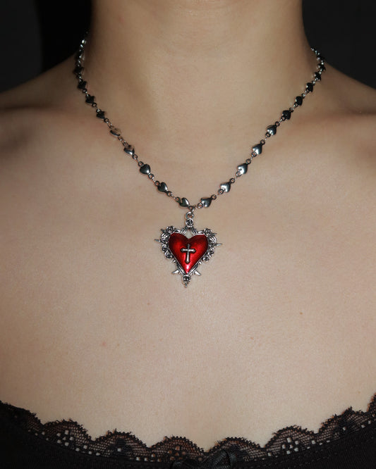 Cathy Vintage Cross Charm Red Heart Silver Pendant Necklace