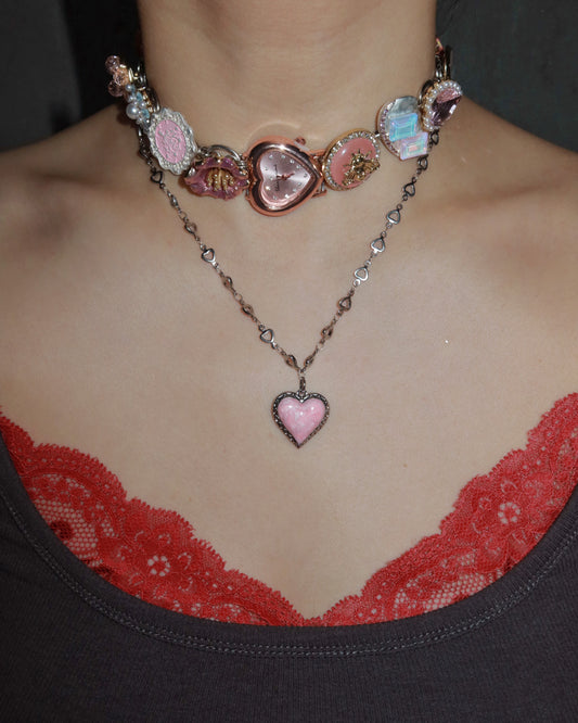 Dopamine Pink Enamel Heart Pendant Necklace