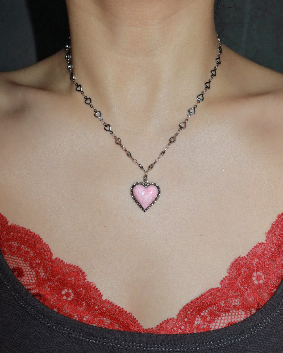 Dopamine Pink Enamel Heart Pendant Necklace
