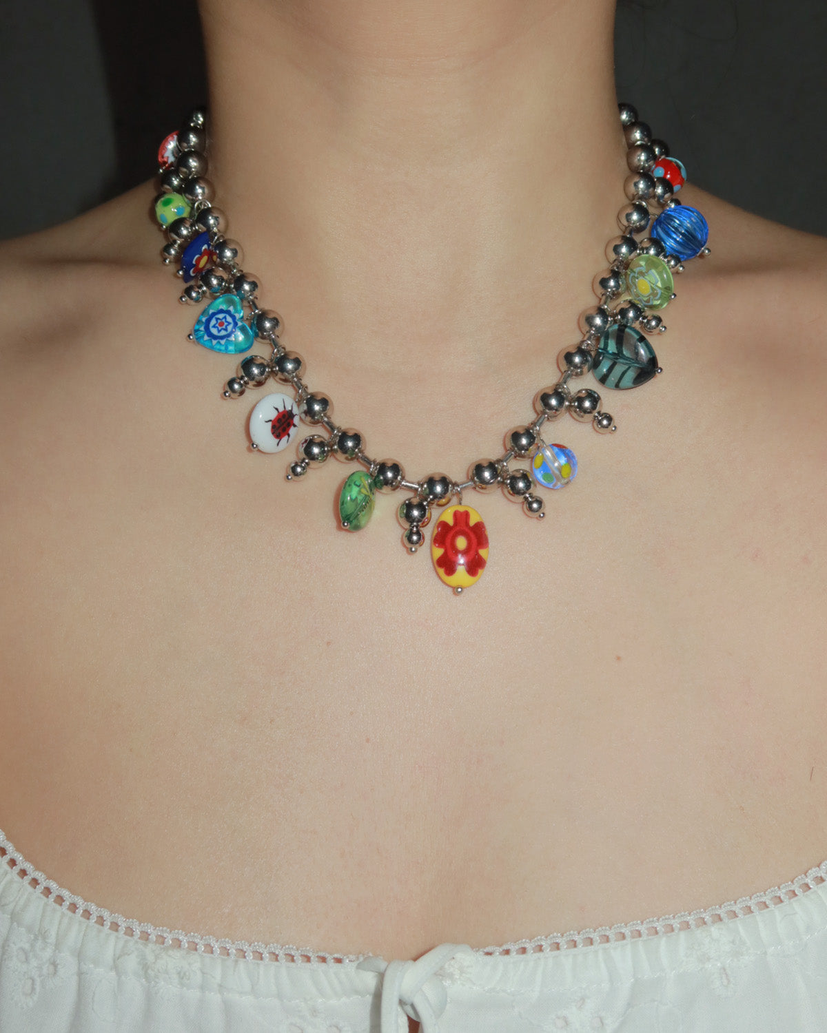 Heather Floral Painted Glass Silver Necklace