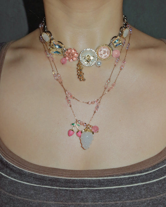 Laurel & Brook Layered Pink Strawberry Clock Silver Necklace Set