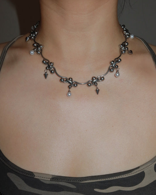 Zyra Punk Rivet Pearl Silver Necklace