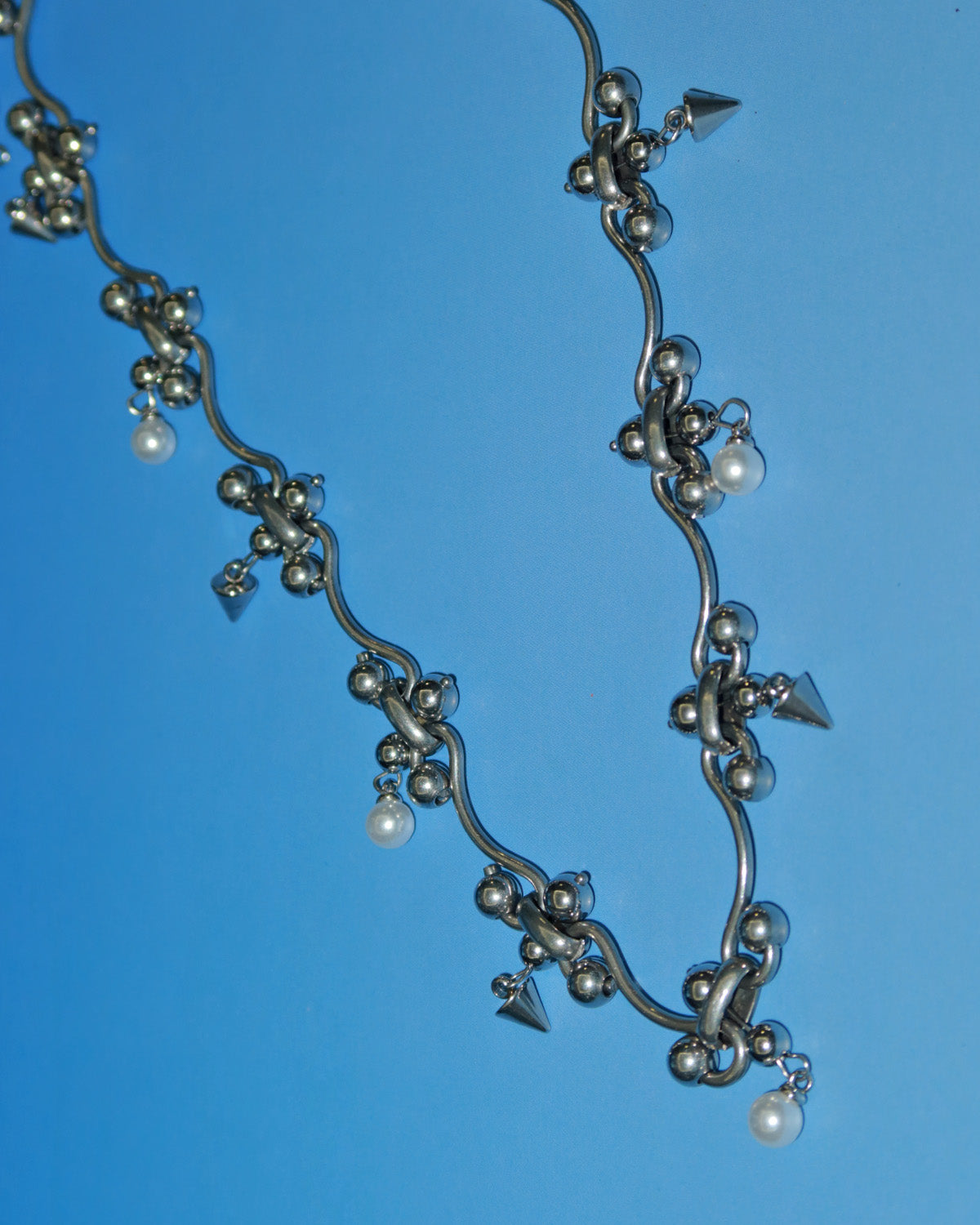 Zyra Punk Rivet Pearl Silver Necklace