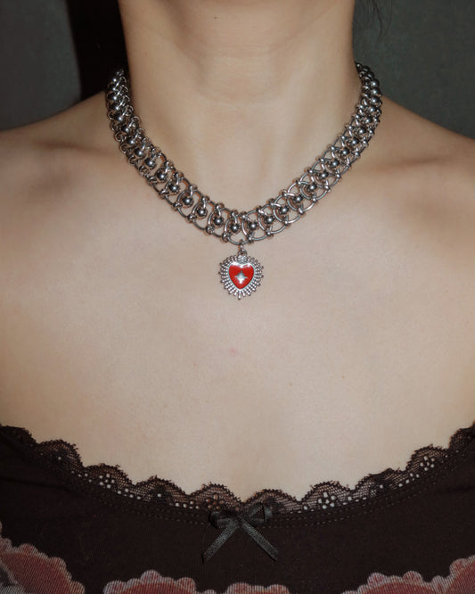 Salem Chunky Red Heart Silver Statement Necklace
