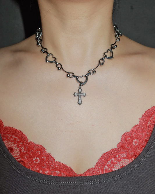 Liora Soft Edgy Heart Cross Silver Pendant Necklace