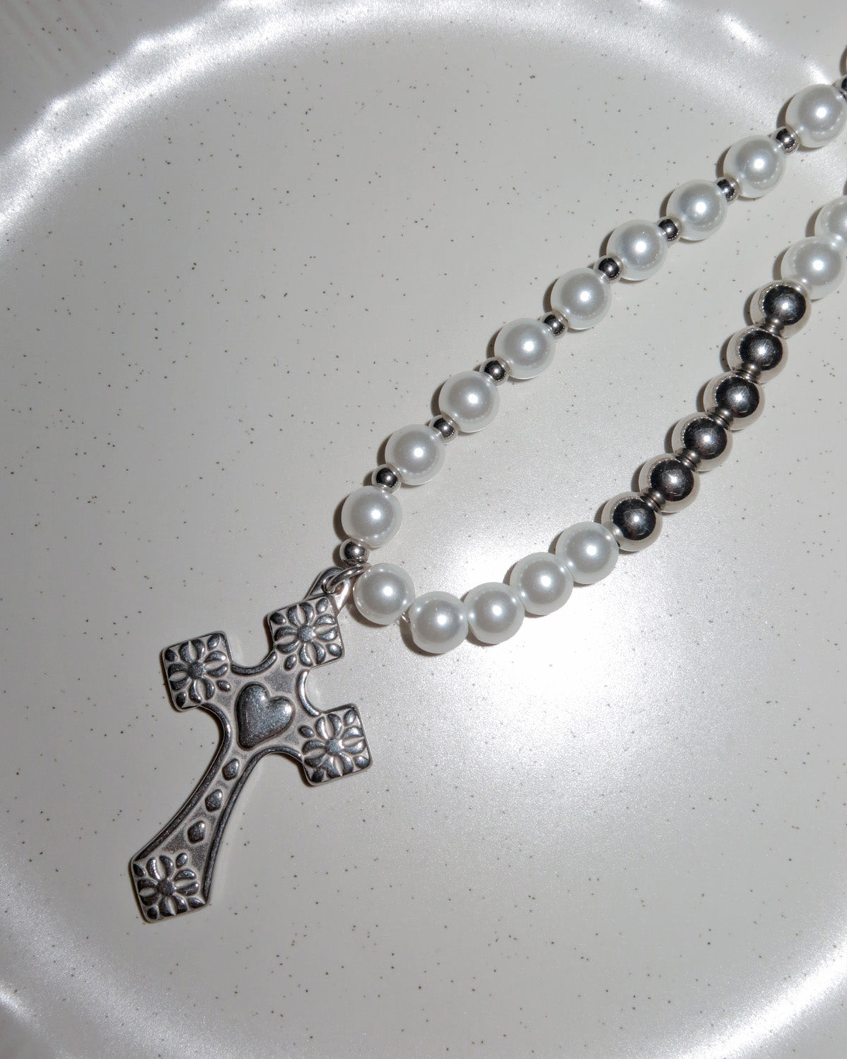 Raven Pearl Beaded Cross Silver Pendant Necklace