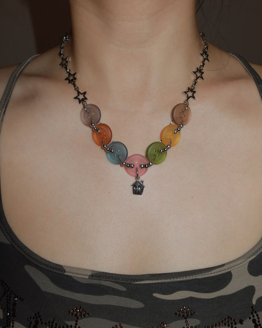 Olive Colorful Button Patchwork Star Silver Pendant Necklace