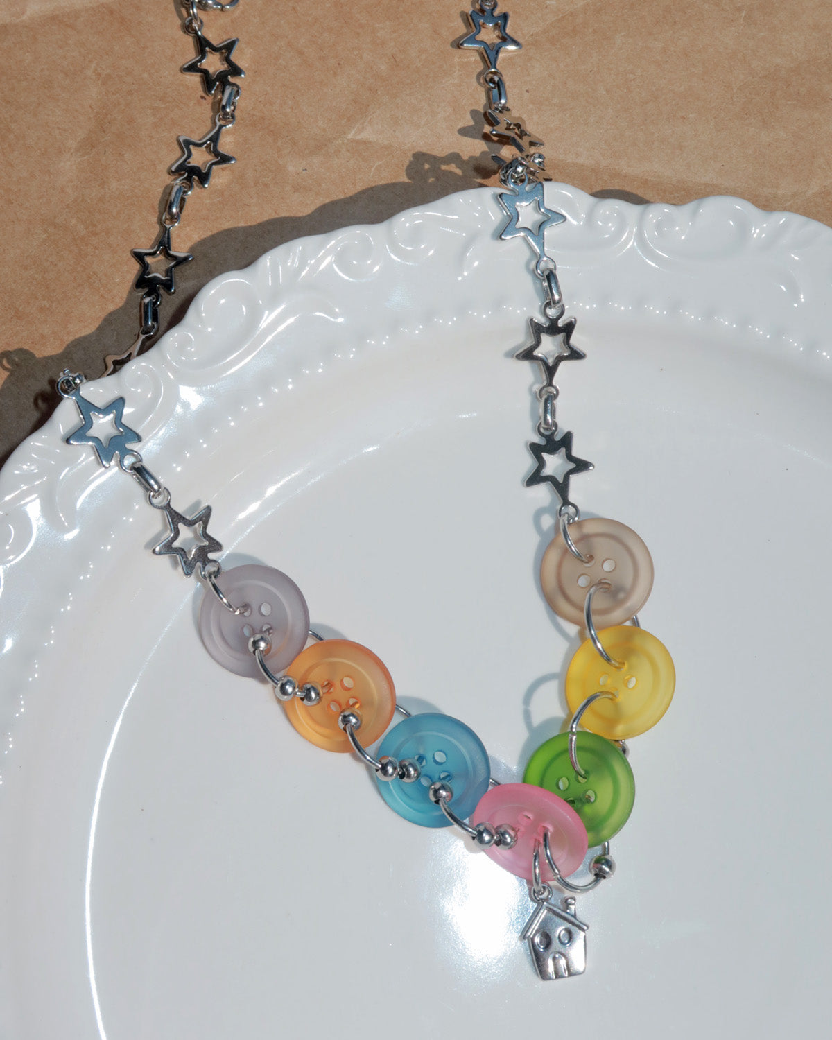 Olive Colorful Button Patchwork Star Silver Pendant Necklace