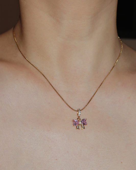 Rosabelle Pink Crystal Bow Golden Necklace