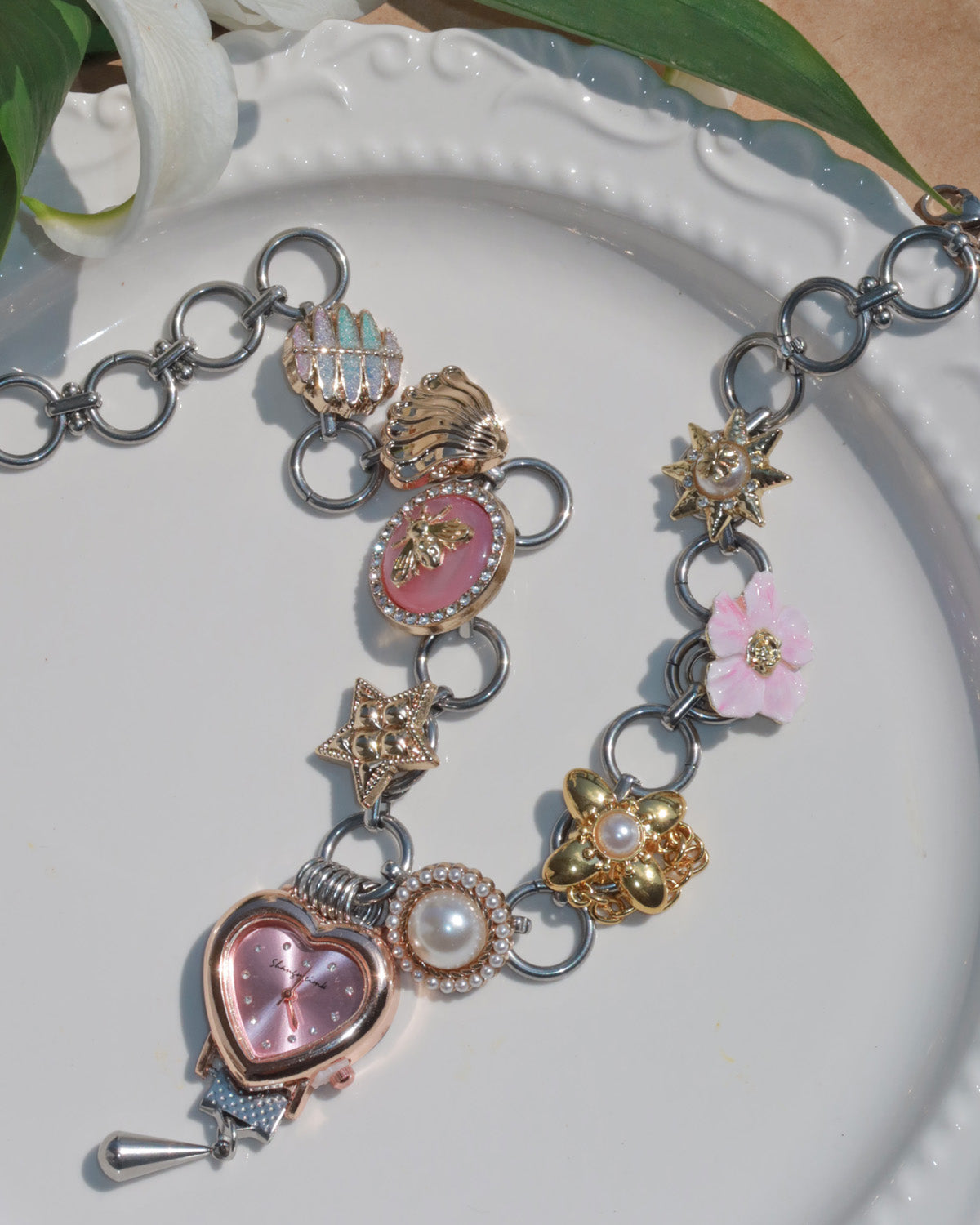 Willow Whimsical Button & Floral Heart Clock Face Silver Necklace